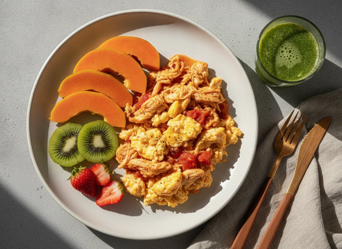 Frango desfiado com ovos mexidos e frutas photo