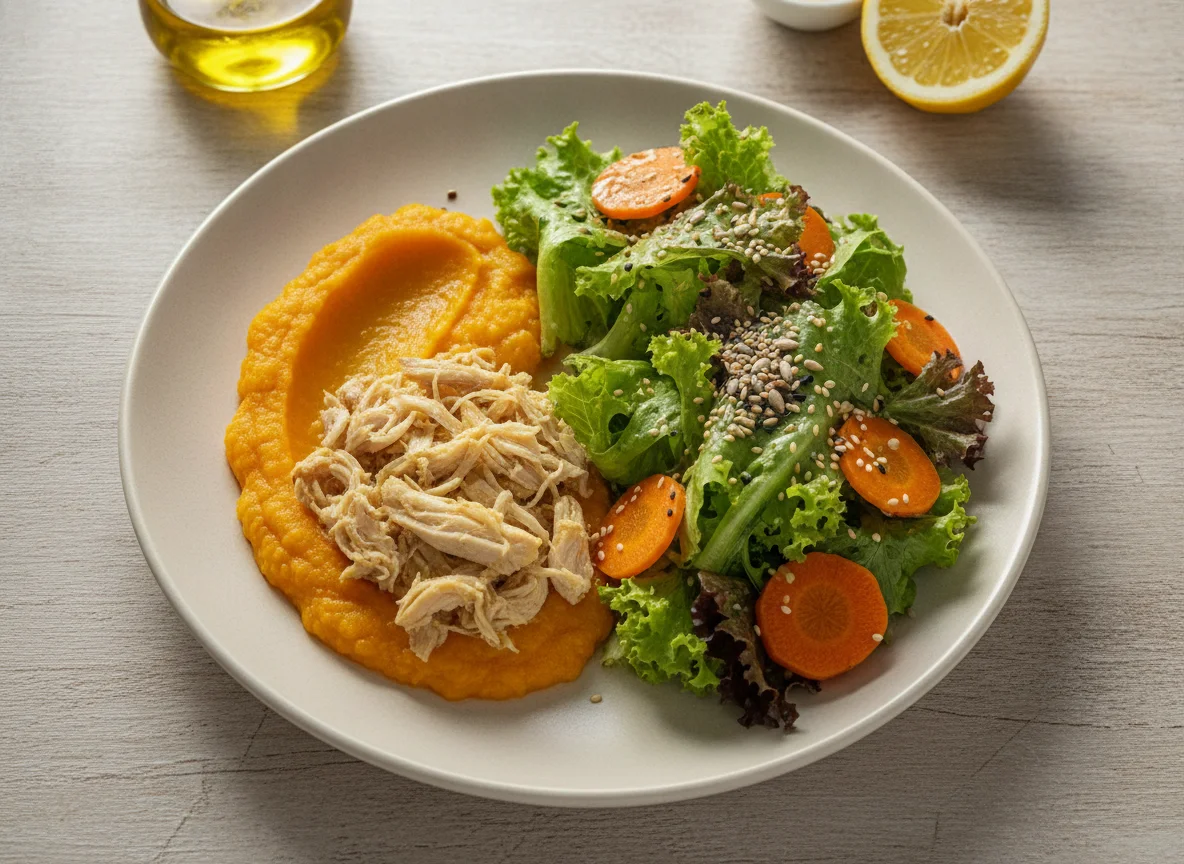 Frango desfiado com purê de abóbora e salada verde photo