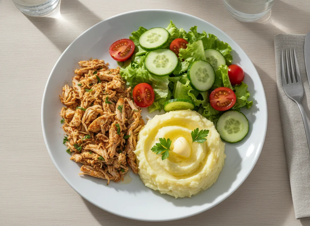 Frango desfiado com purê de batata e salada photo