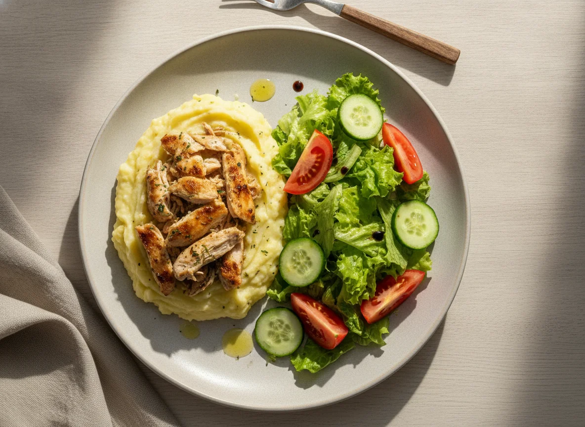 Frango desfiado com purê de batata e salada mista photo