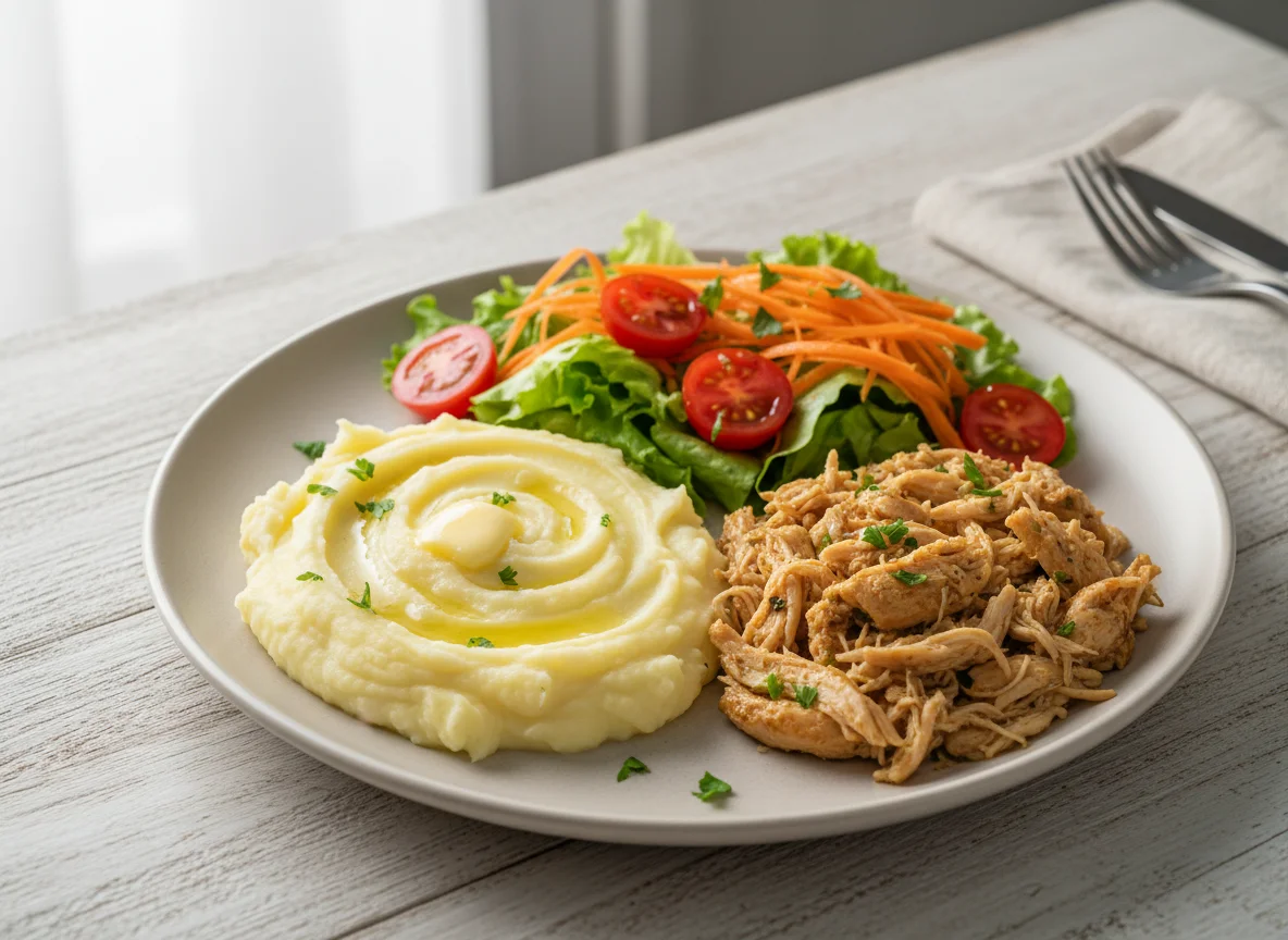 Frango desfiado com purê e salada photo