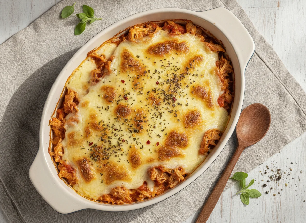 Frango desfiado com queijo gratinado photo