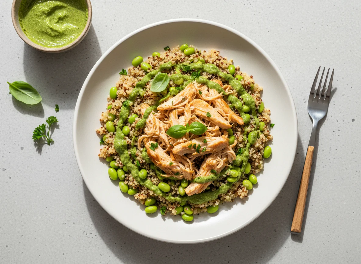 Frango desfiado com quinoa e molho verde photo