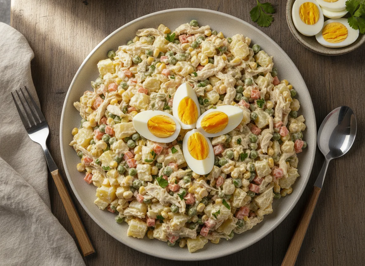 Frango desfiado com salada de maionese e ovos photo