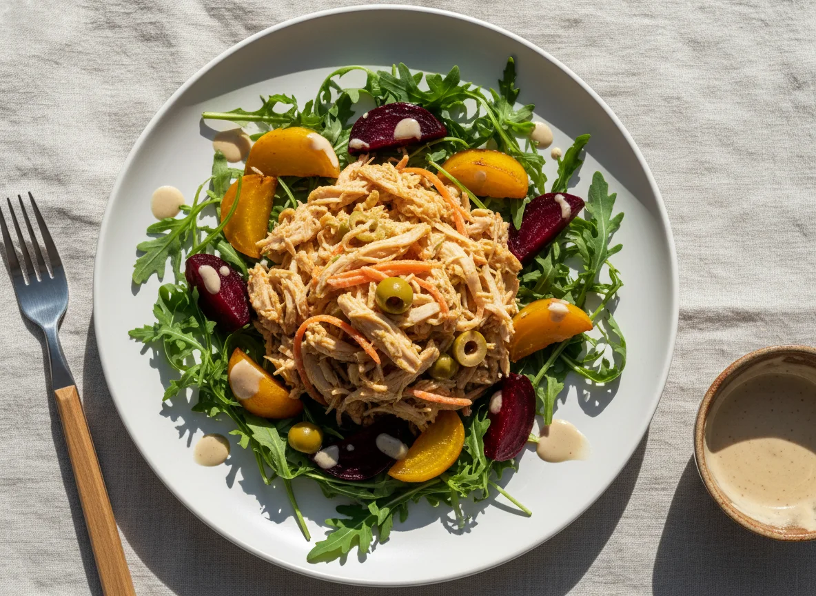 Frango desfiado com salada de rúcula e beterraba assada photo