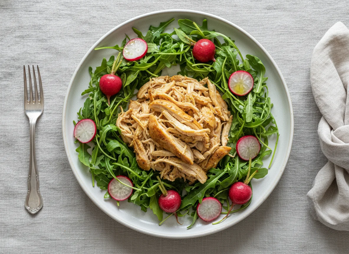 Frango desfiado com salada de rúcula e rabanetes assados photo