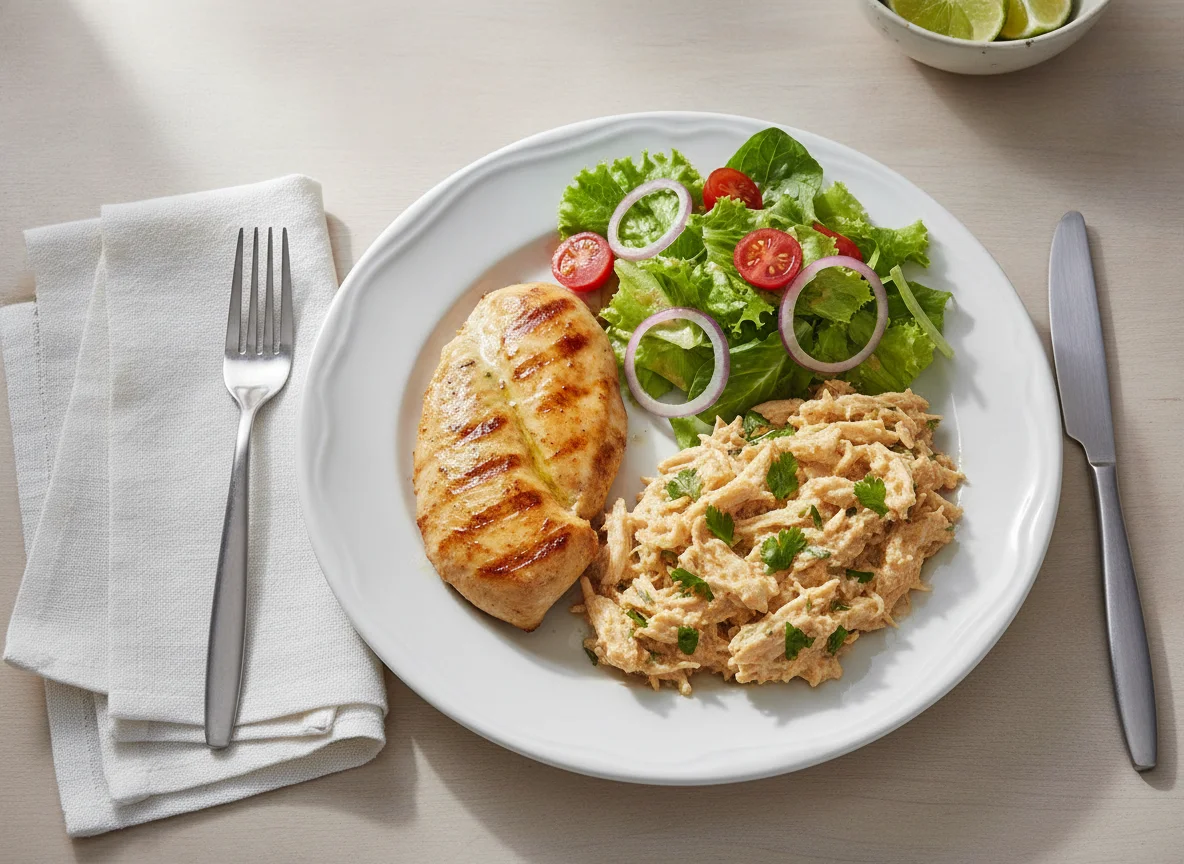 Frango desfiado com salada e peito de frango grelhado photo