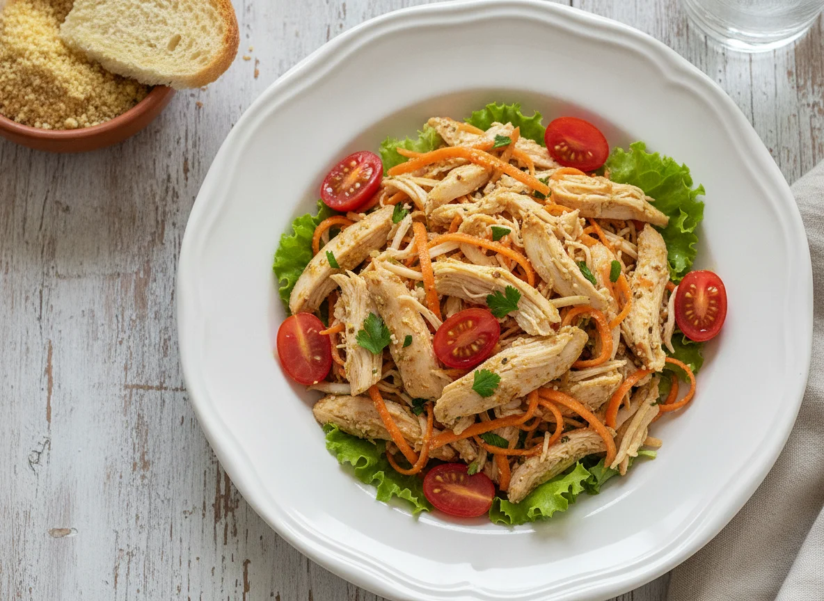 Frango desfiado com salada simples photo