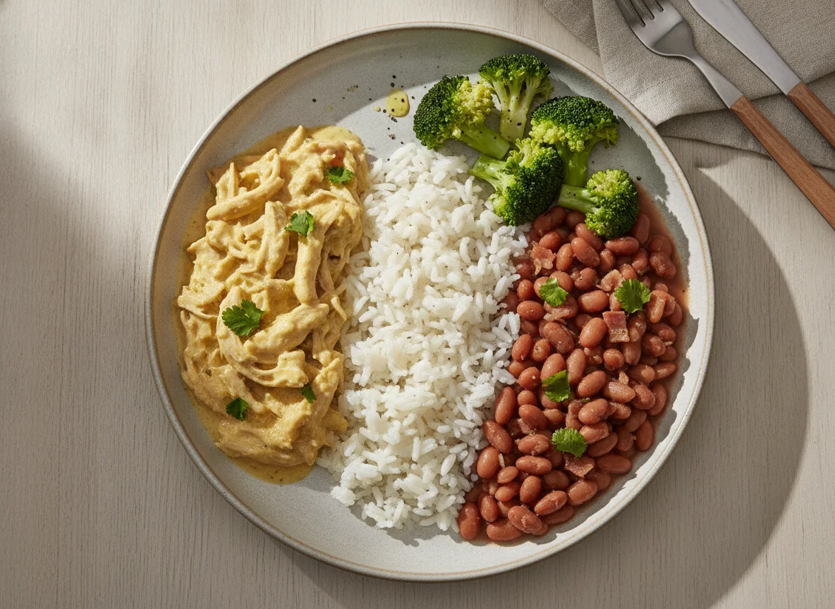 Frango desfiado cremoso, arroz, feijão carioca e brócolis no vapor photo