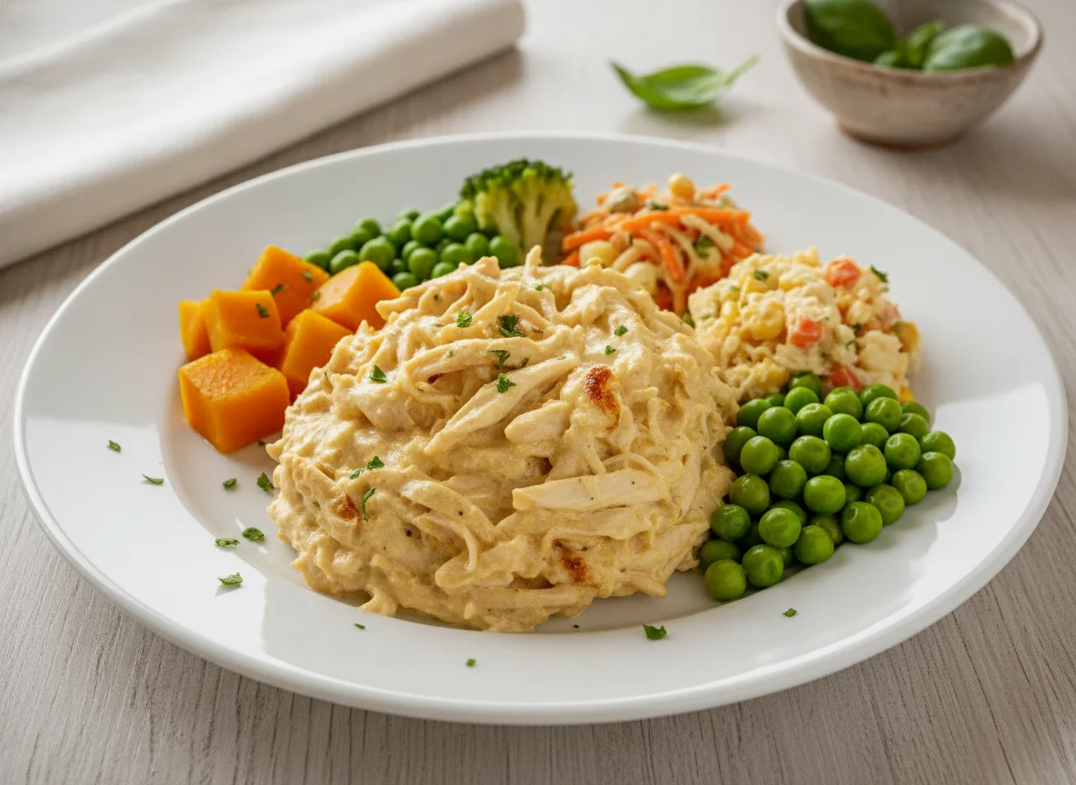 Frango desfiado cremoso com legumes photo
