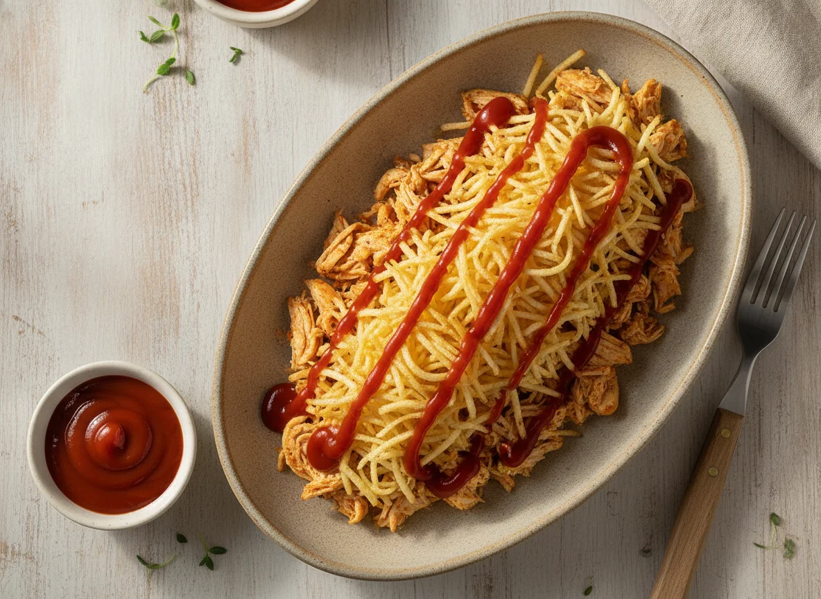 Frango desfiado e batata palha com ketchup photo