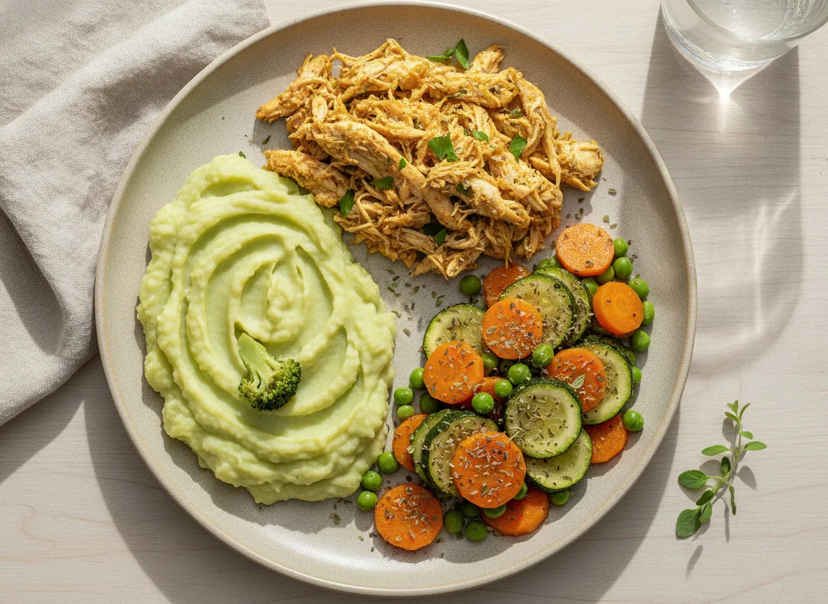 Frango desfiado, purê de batata com brócolis e legumes com orégano photo
