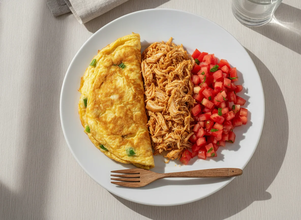 Frango desfiado, tomate e omelete photo