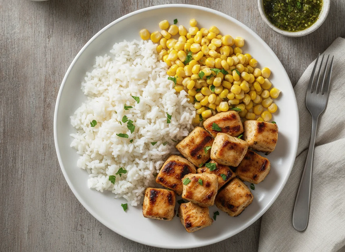 Frango em cubos, arroz e milho photo