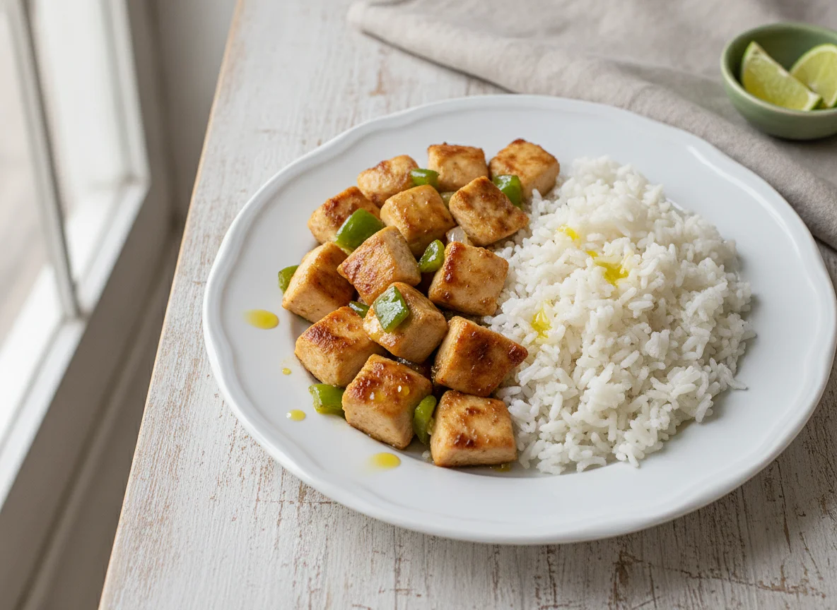 Frango em cubos com arroz branco photo
