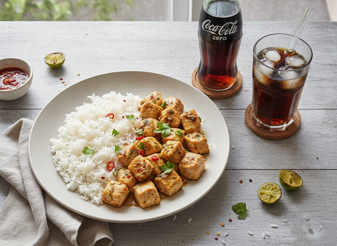 Frango em cubos com arroz e Coca Zero photo