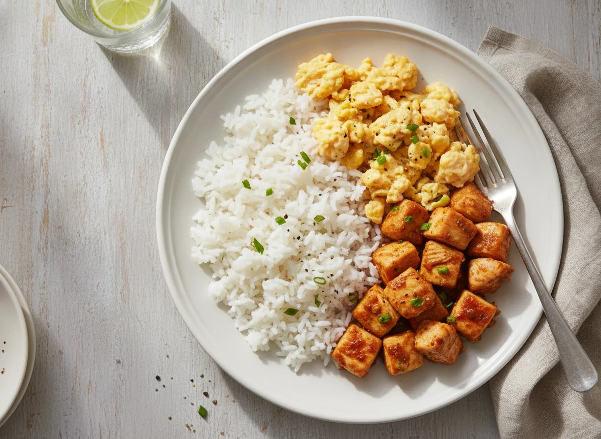 Frango em cubos com arroz e ovos mexidos photo