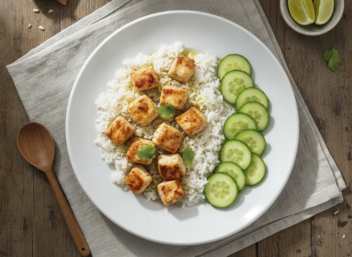 Frango em cubos com arroz e pepino photo
