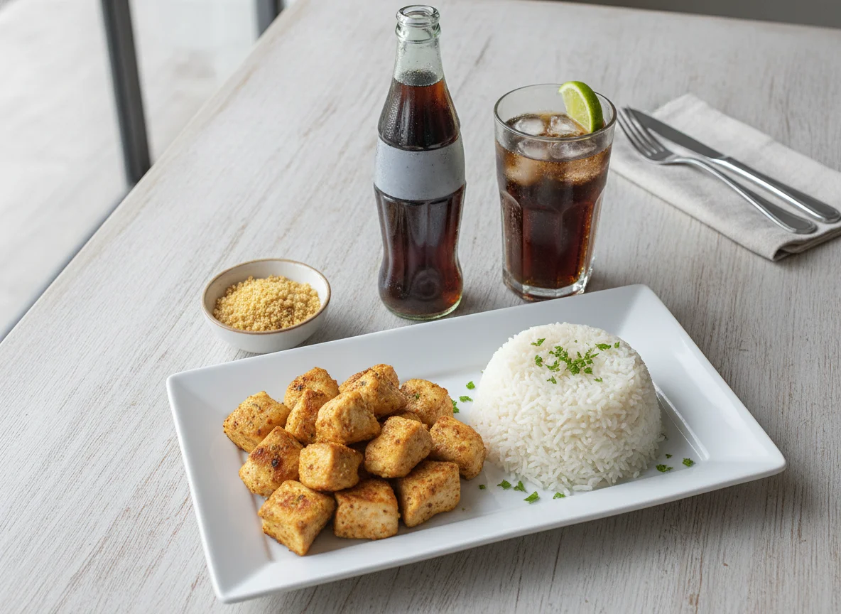 Frango em cubos com arroz e refrigerante photo