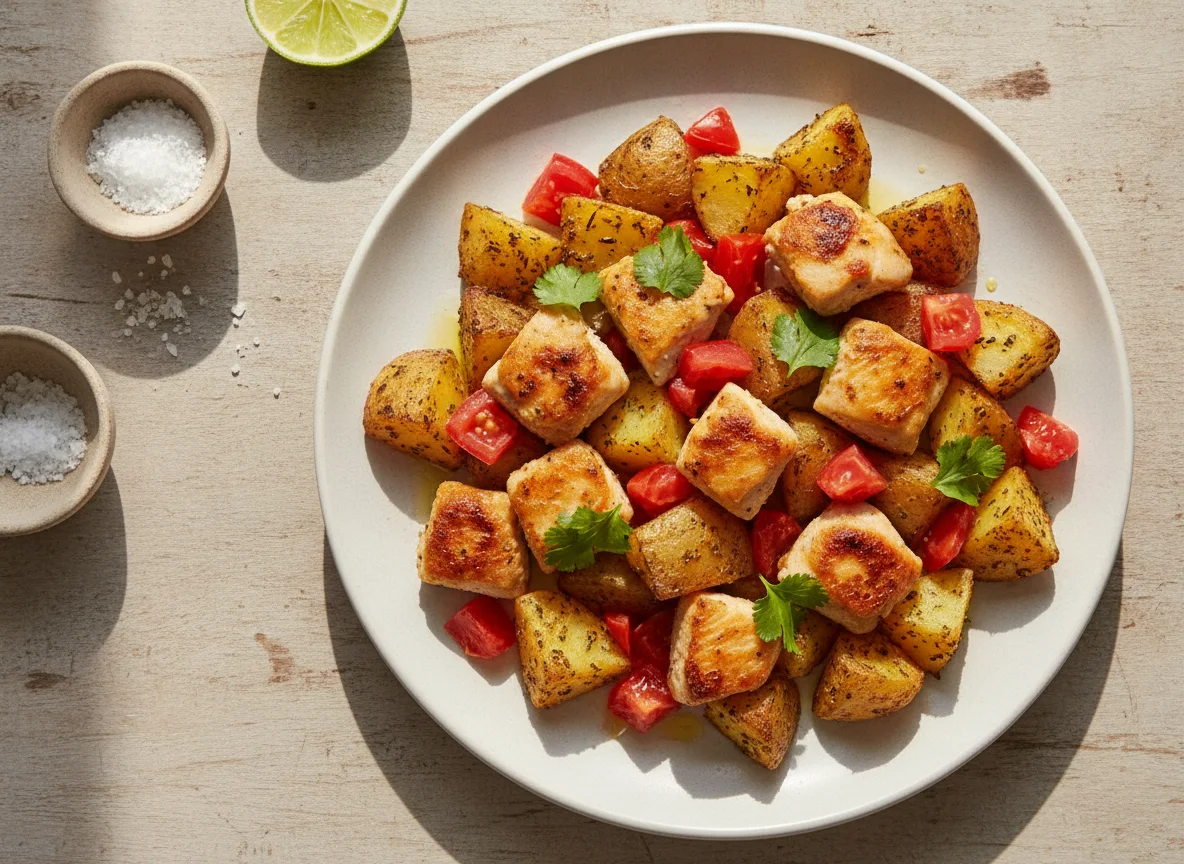 Frango em cubos com batatas e tomate photo