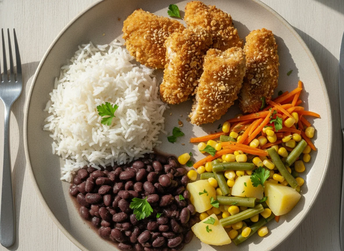 Frango empanado com arroz de konjac, feijão e legumes photo