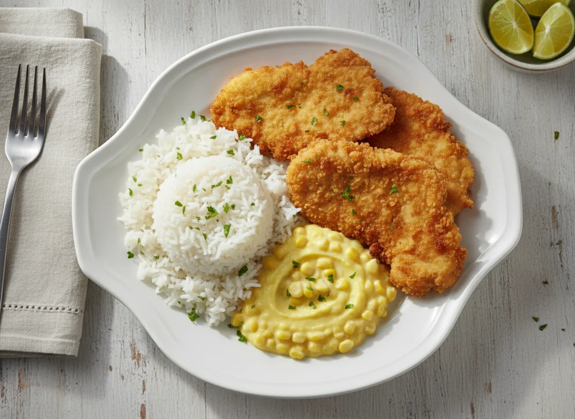 Frango empanado com arroz e creme de milho photo