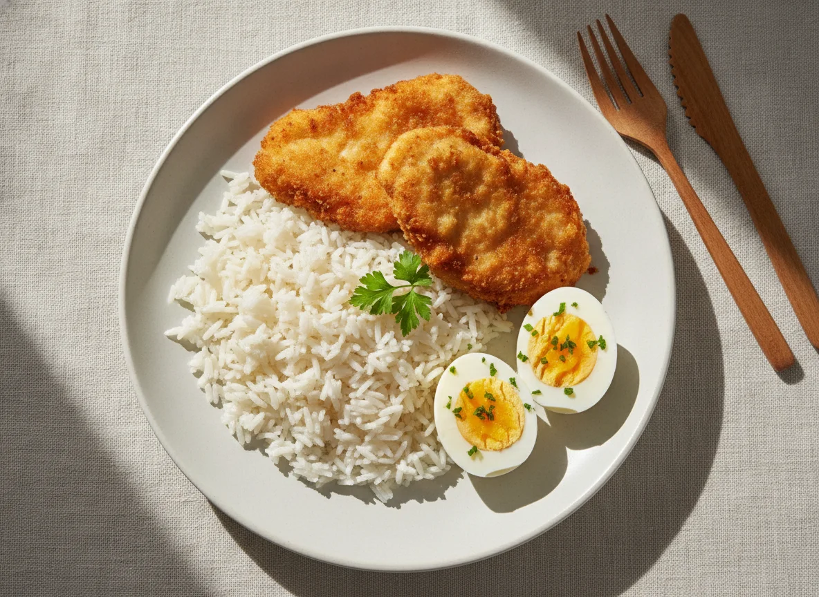 Frango empanado com arroz e ovos cozidos photo