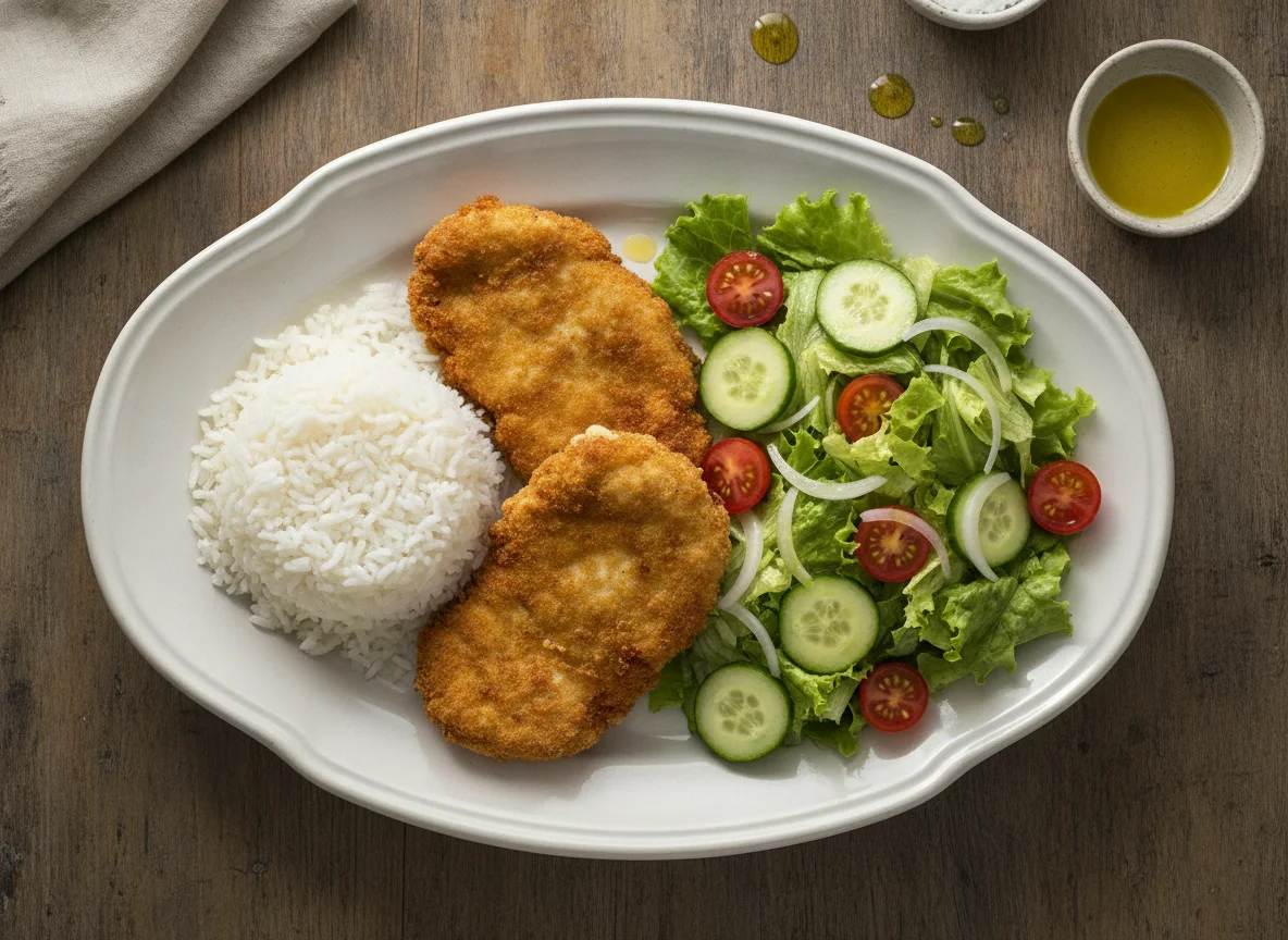Frango empanado com arroz e salada photo