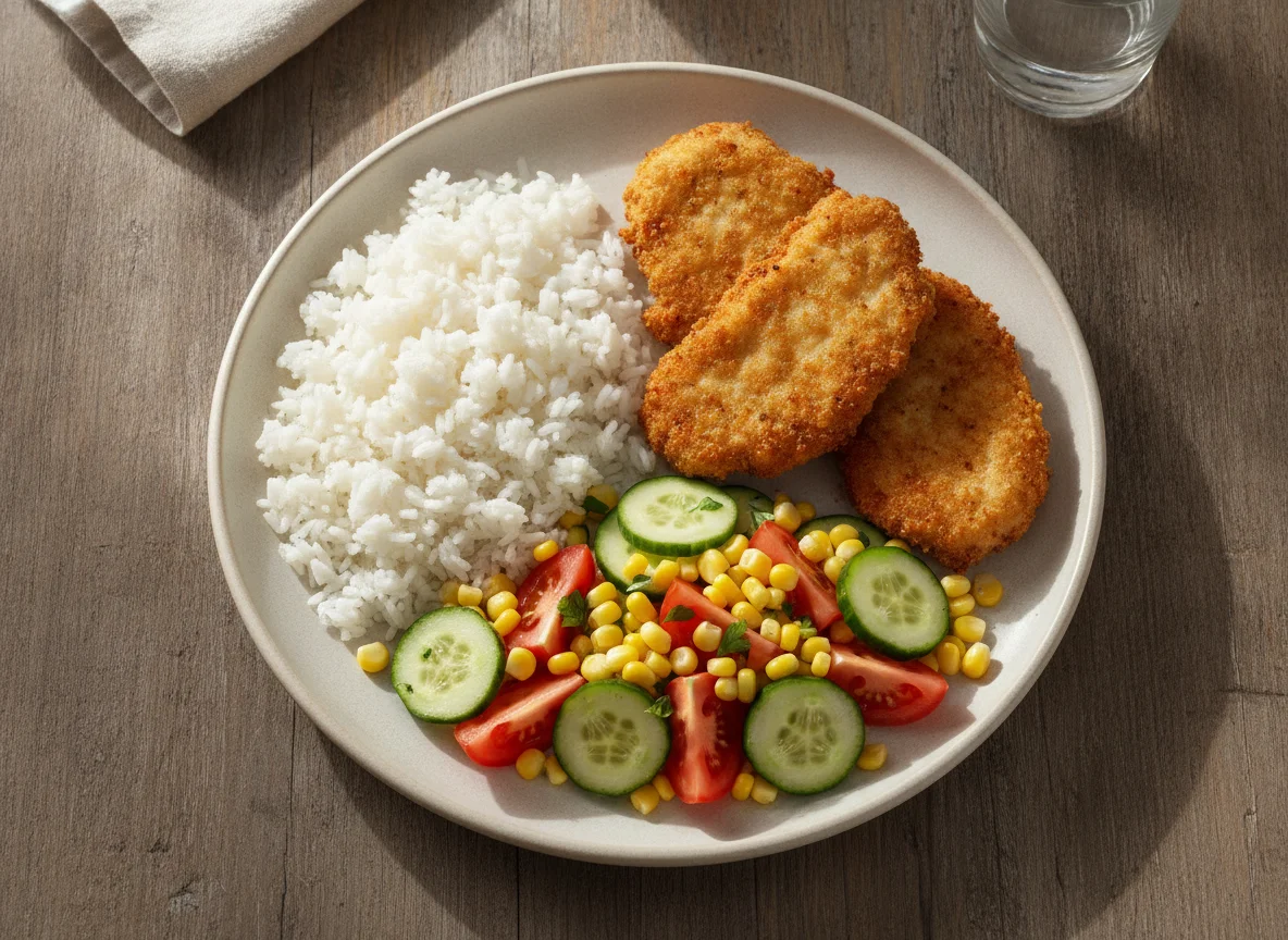 Frango empanado com arroz e salada de milho, pepino e tomate photo