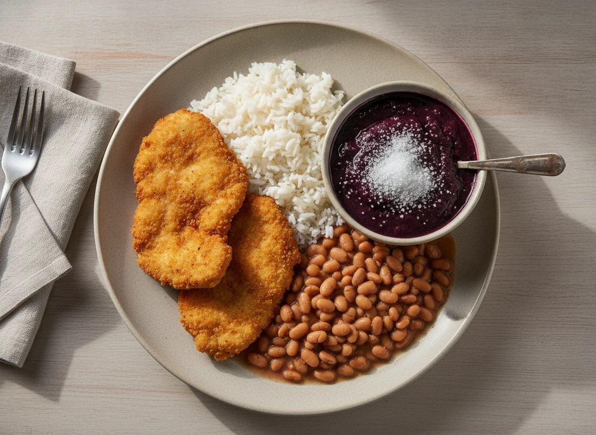 Frango empanado com arroz, feijão e açaí com açúcar photo