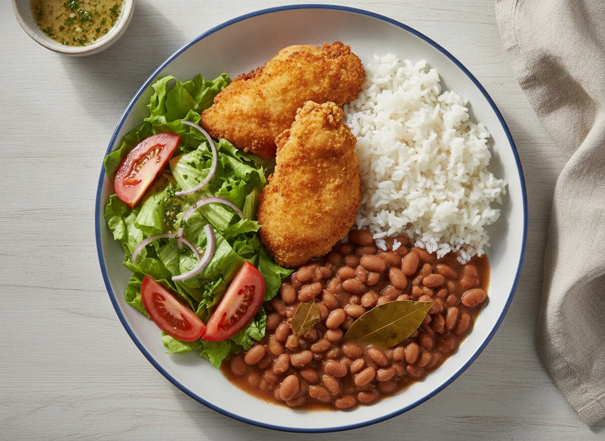 Frango empanado com arroz, feijão e salada photo