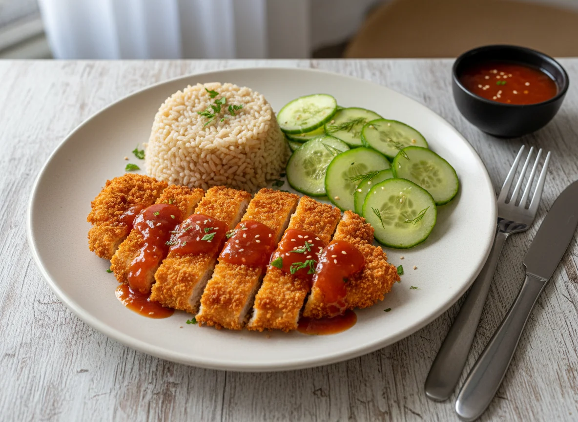 Frango empanado com arroz integral e salada de pepino photo