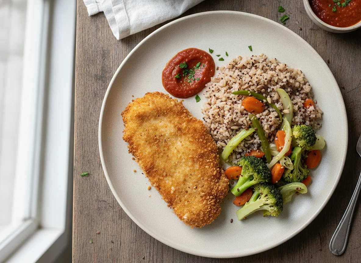 Frango empanado com arroz integral e vegetais photo