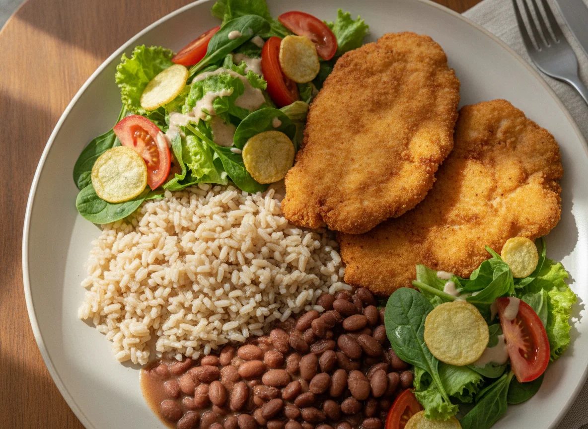Frango empanado com arroz integral, feijão e salada photo