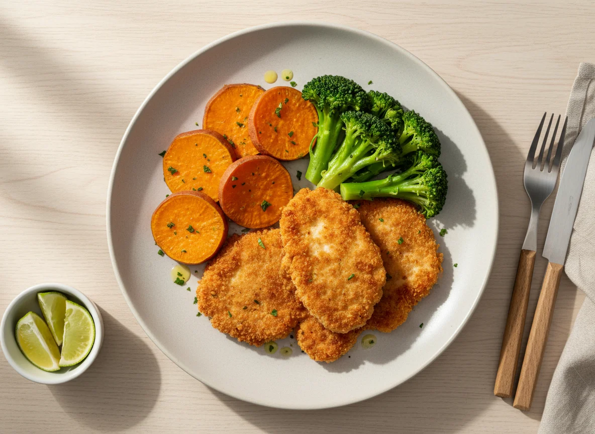 Frango empanado com batata doce e brócolis photo