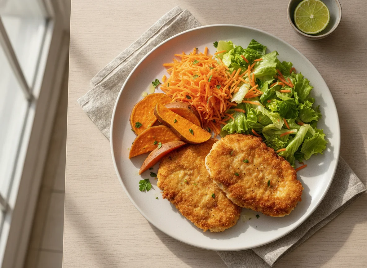 Frango empanado com batata doce e salada photo