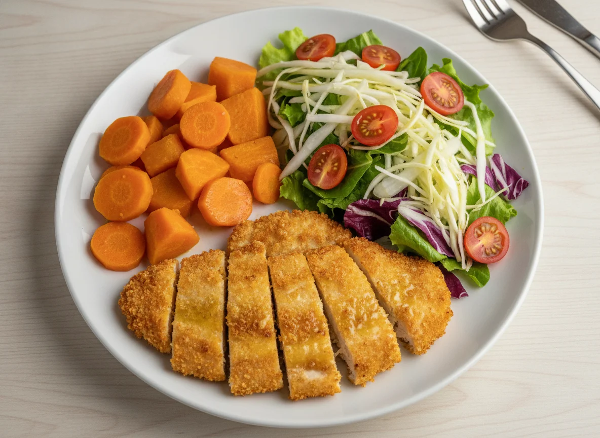 Frango empanado com batata doce e salada mista photo