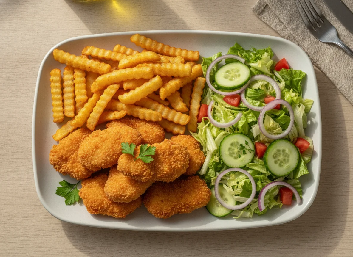 Frango empanado com batata frita e salada photo
