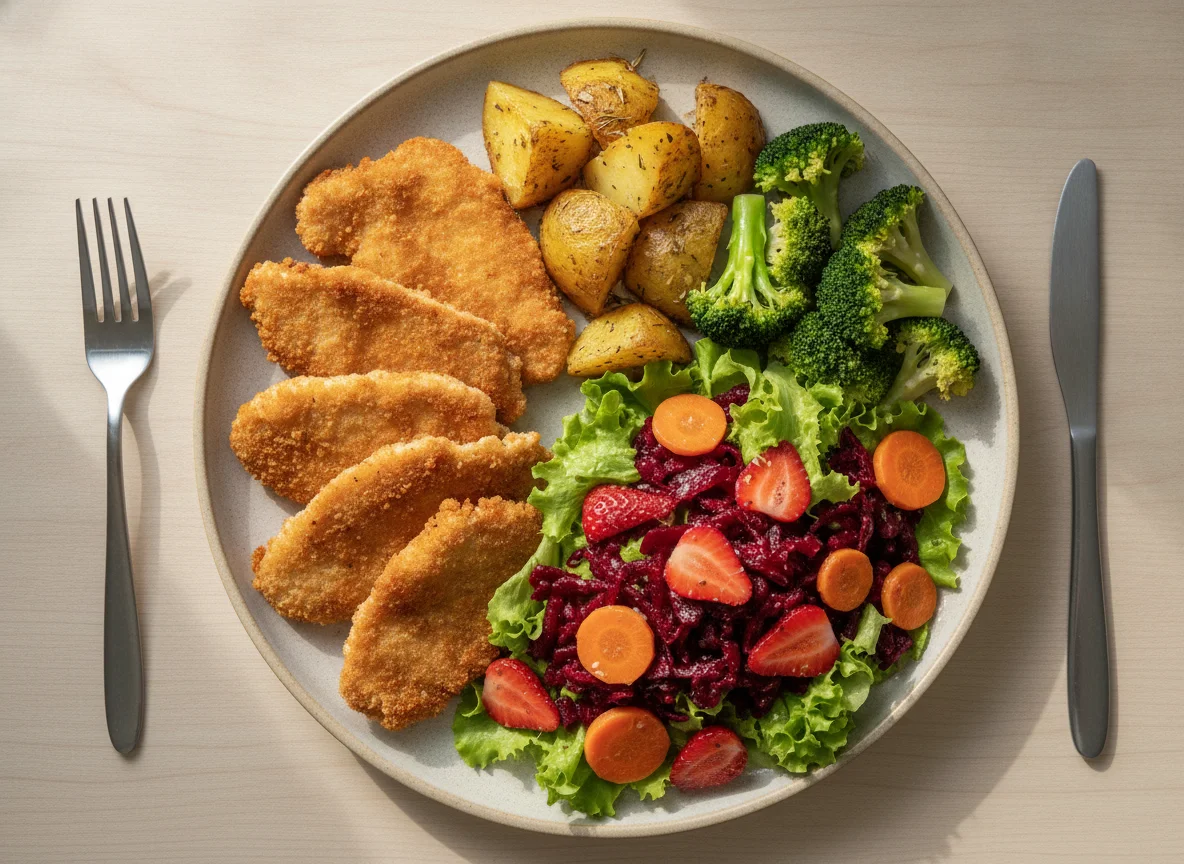 Frango empanado com batatas assadas, brócolis e salada de beterraba com morango photo