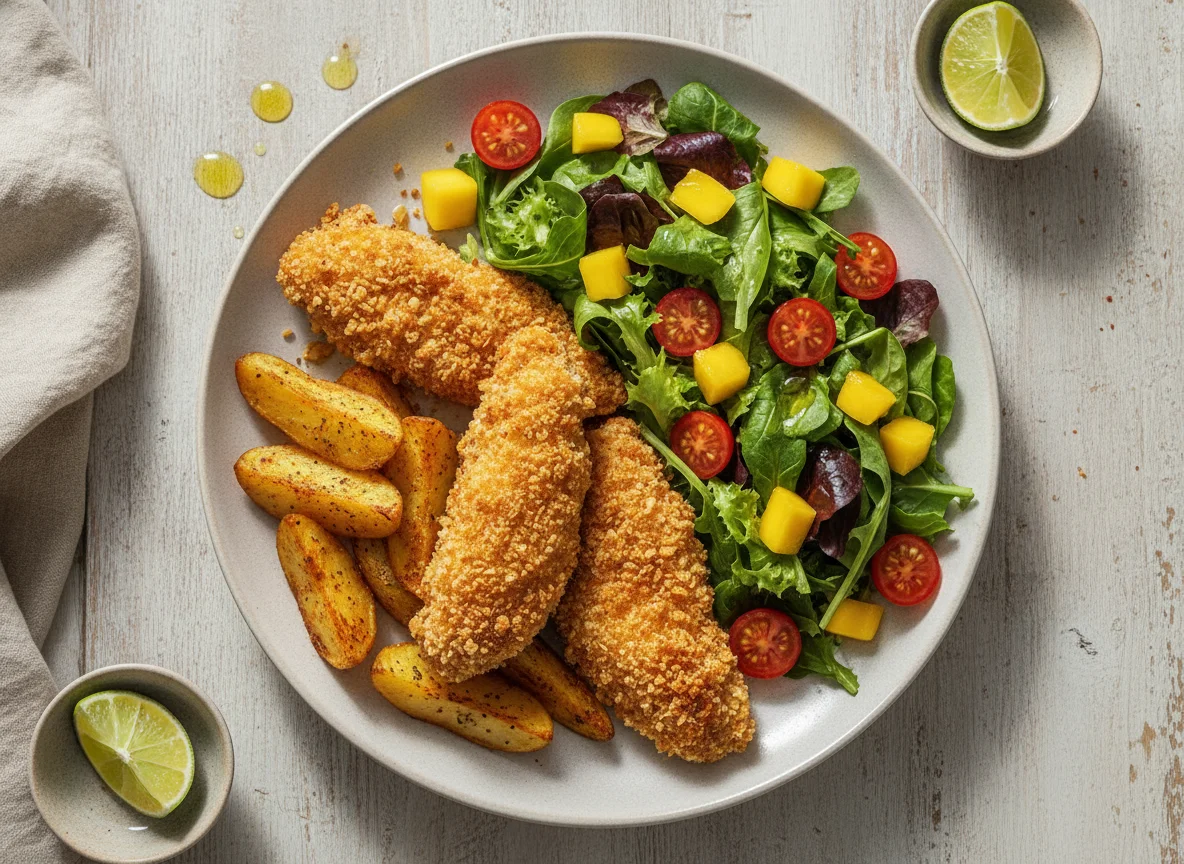 Frango empanado com batatas assadas e salada mista photo