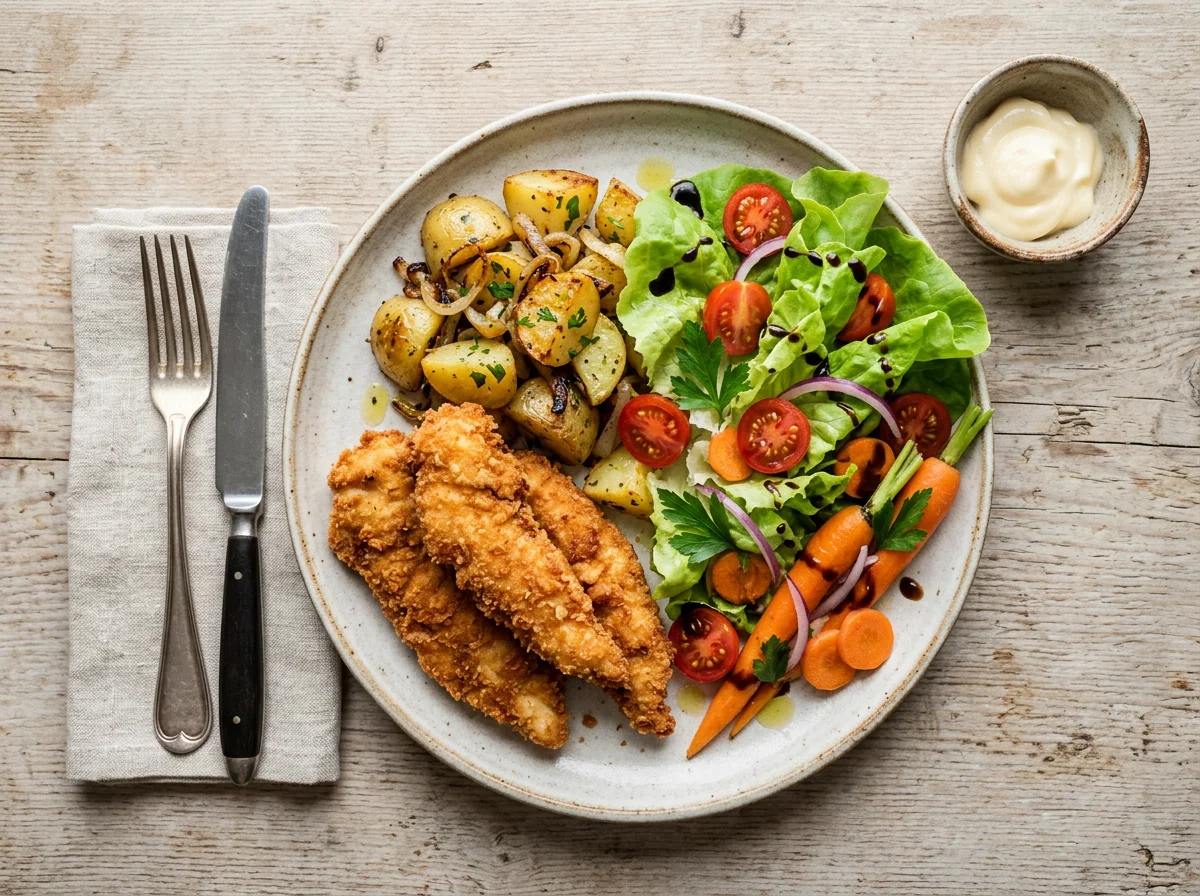 Frango empanado com batatas e salada photo