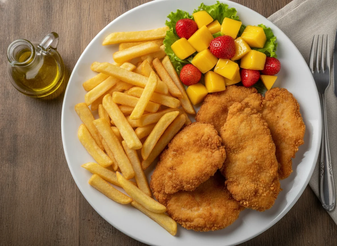 Frango empanado com batatas fritas e salada de frutas photo