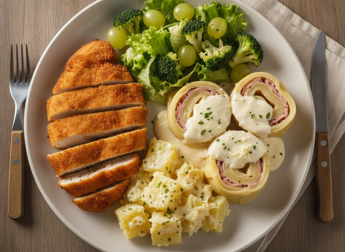 Frango empanado com batatas gratinadas, rondelli ao molho branco e salada photo