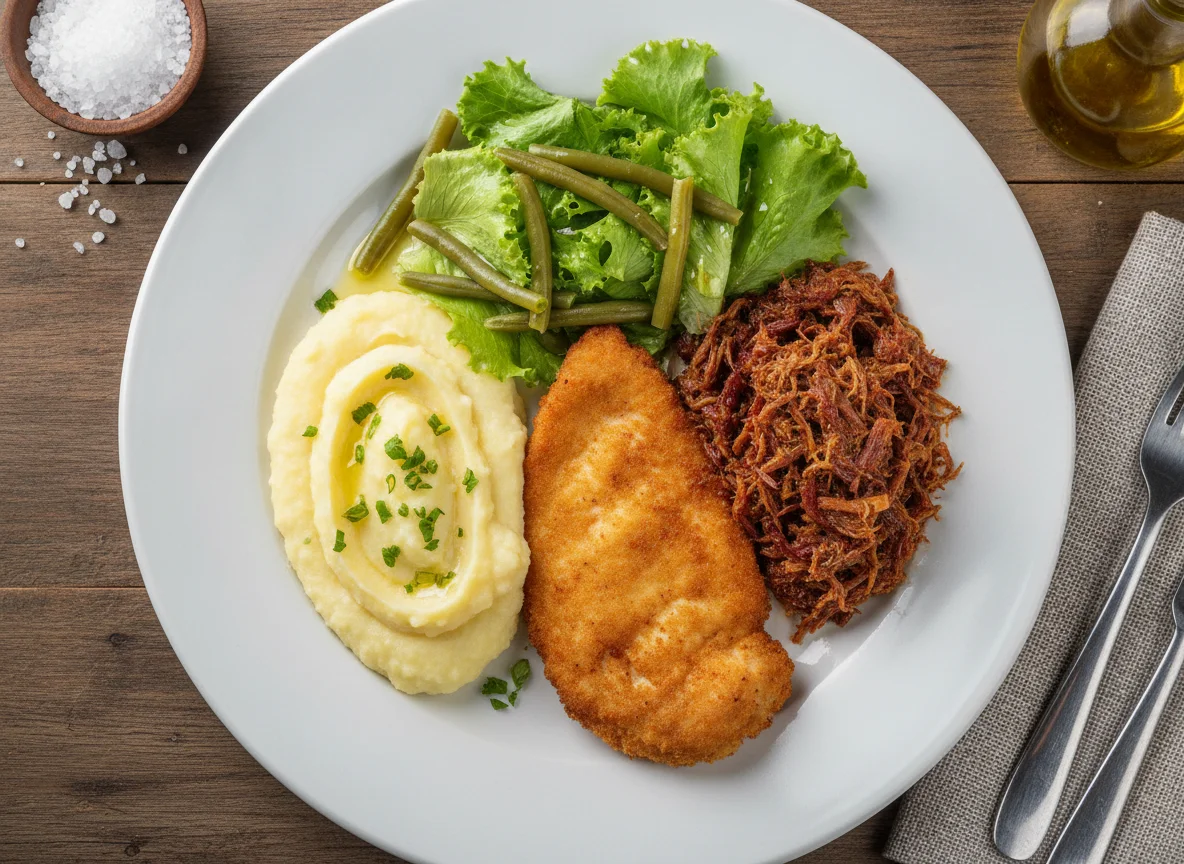 Frango empanado com carne seca e salada photo