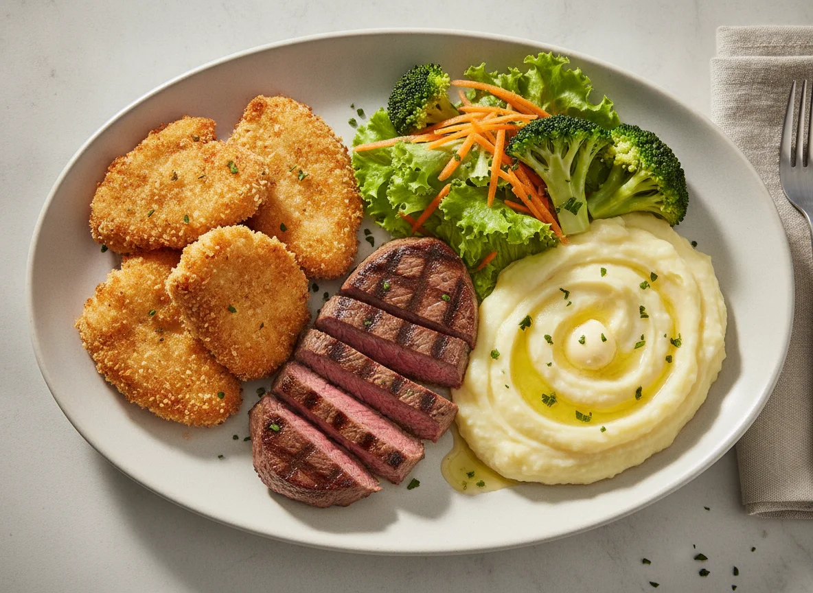 Frango empanado com farinha de arroz, carne bovina, purê de batata e salada photo