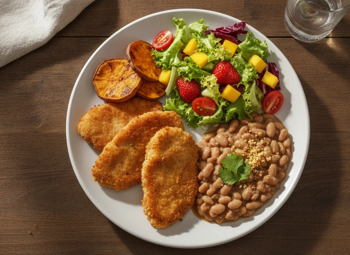 Frango empanado com feijão, batata-doce e salada de frutas photo