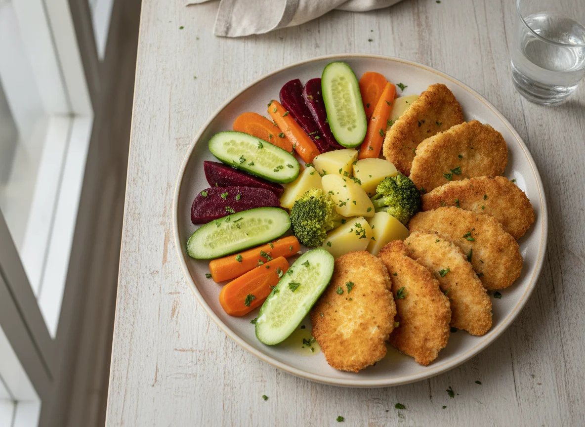 Frango empanado com legumes e vegetais photo