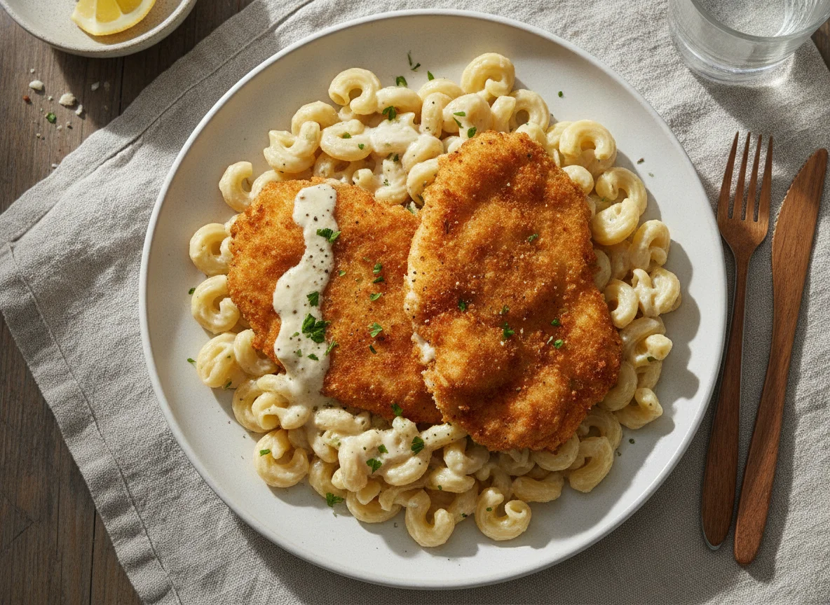 Frango empanado com macarrão ao molho branco photo