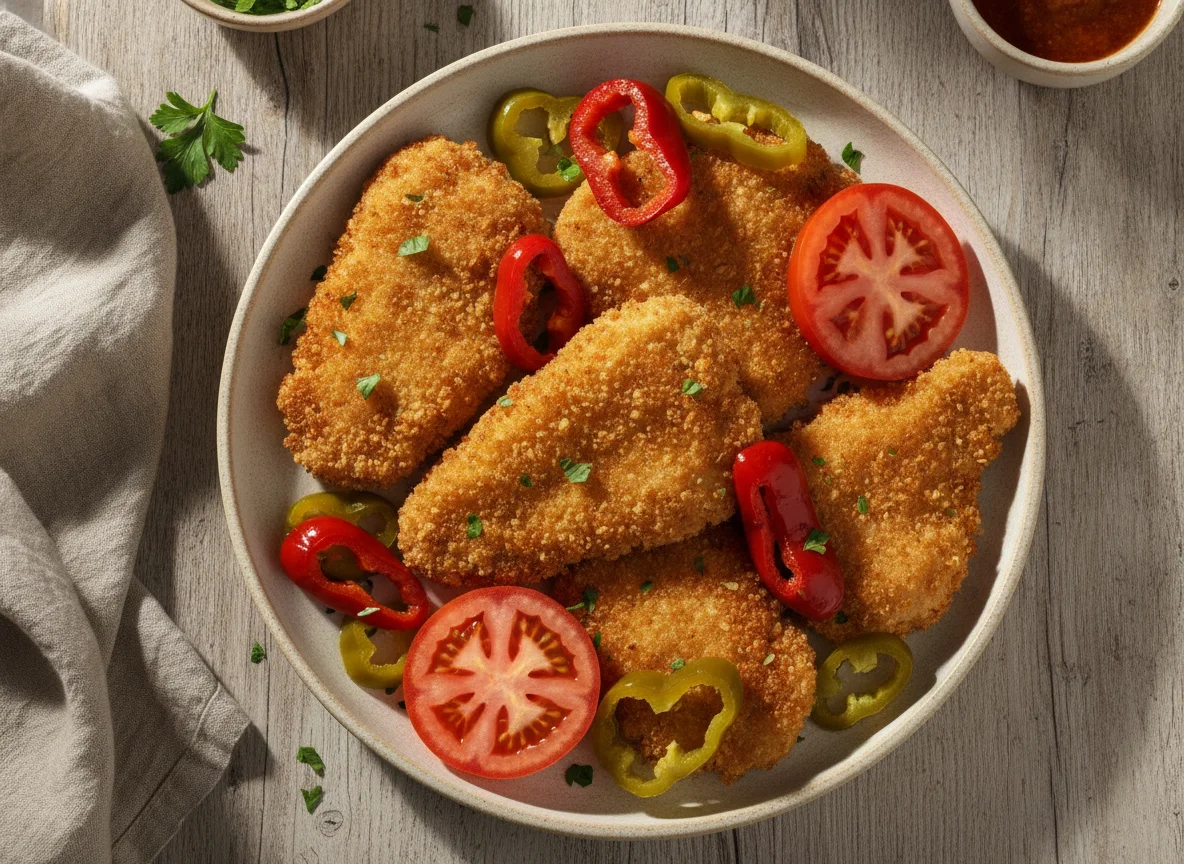 Frango empanado com pimentões e tomate photo