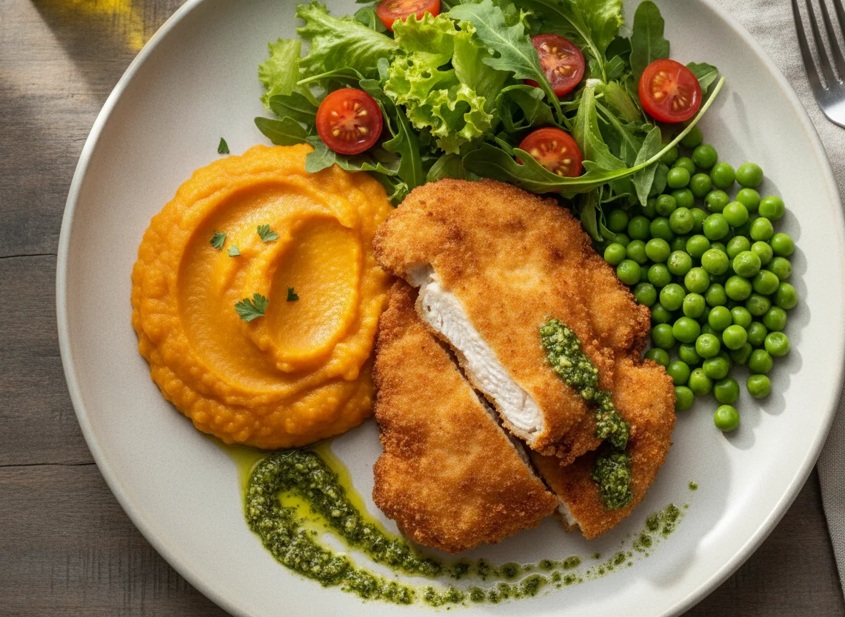 Frango empanado com purê de abóbora, ervilhas e salada photo